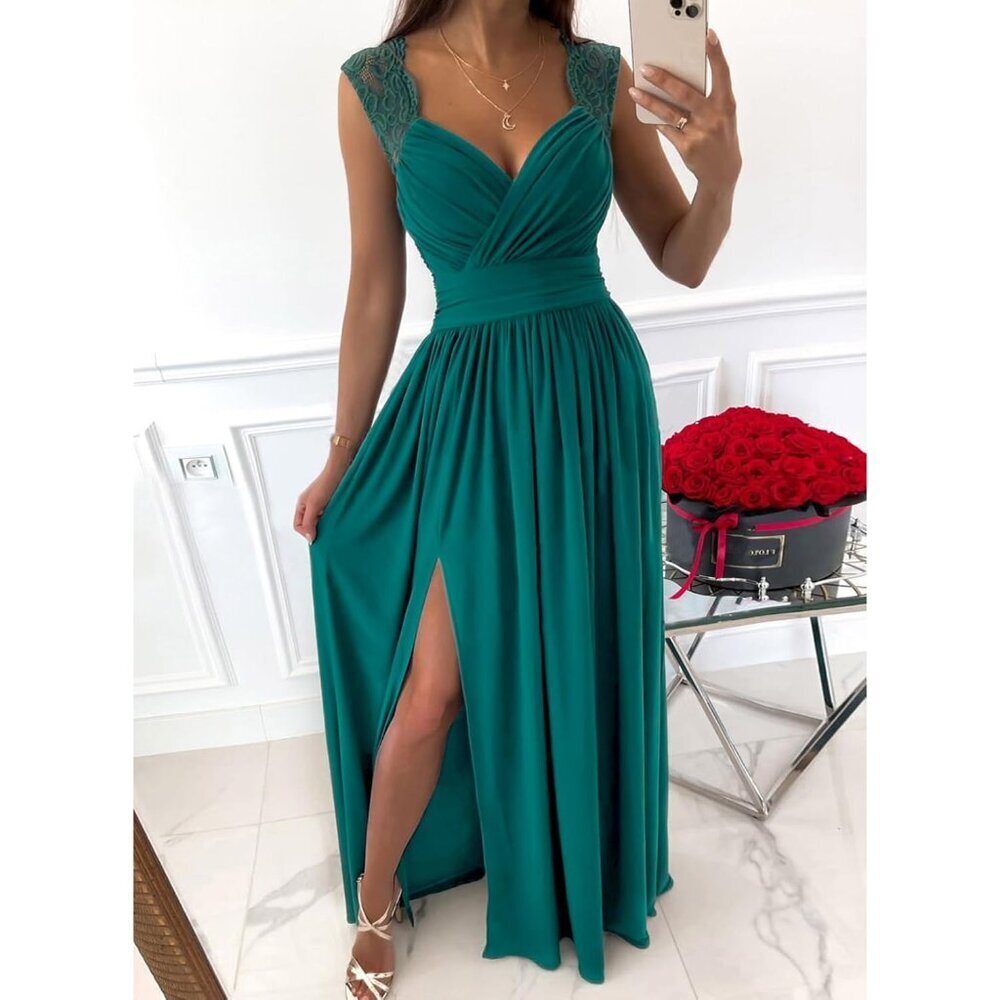 Women's V-Neck Maxi Dress Ruched Elegant Formal Party Bridesmaid Gown - Picture 7 of 7
